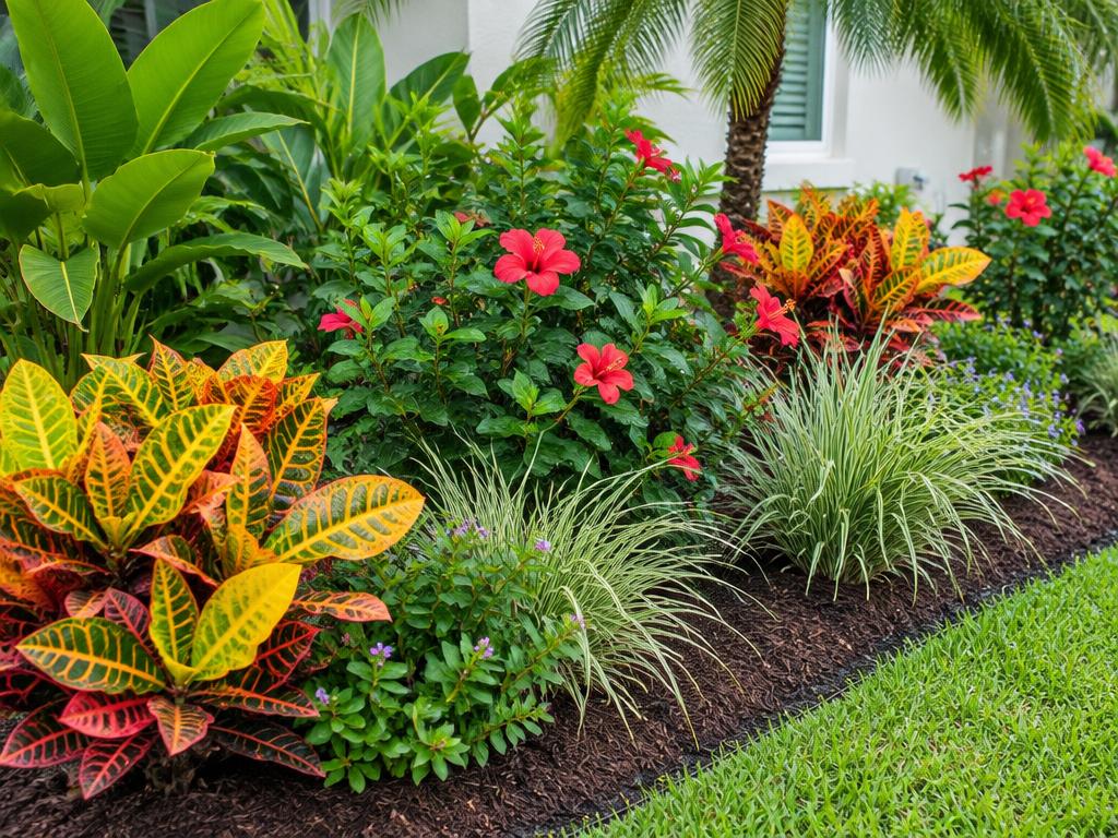 Tropical garden bed with hibiscus and crotons