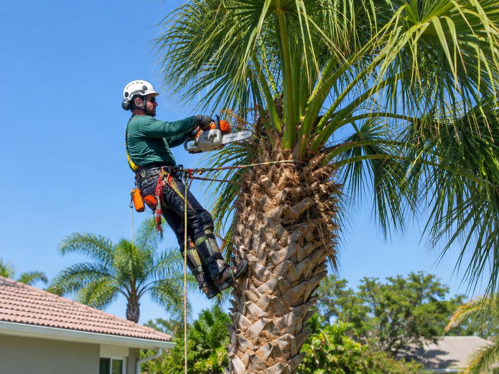 Arborist trimming a palm tree
