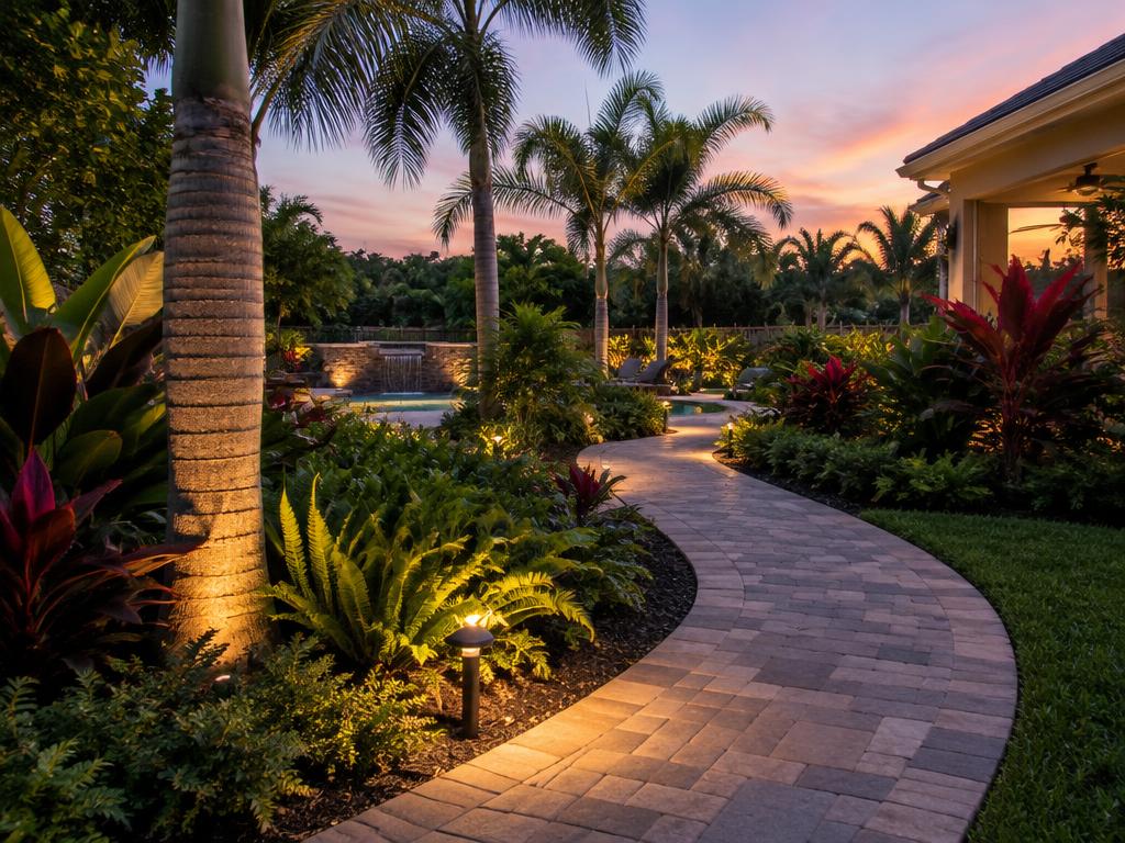 Curved paver walkway with landscape lighting at dusk