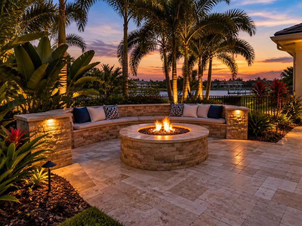 Stone fire pit with seating wall at sunset